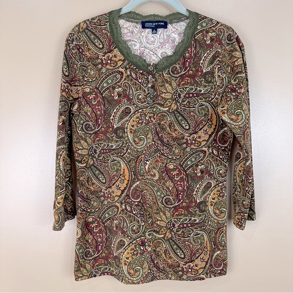 Jones New York Olive Green Lace Trim 3/4 Sleeve Paisley Top Shirt Medium - Picture 1 of 8